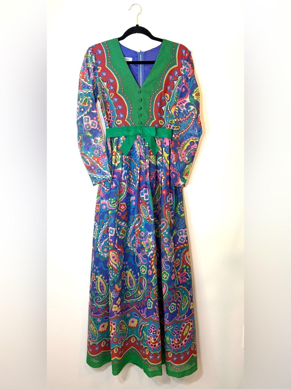 Vintage 1970s Psychedelic Paisley Hostess Maxi Dress Small